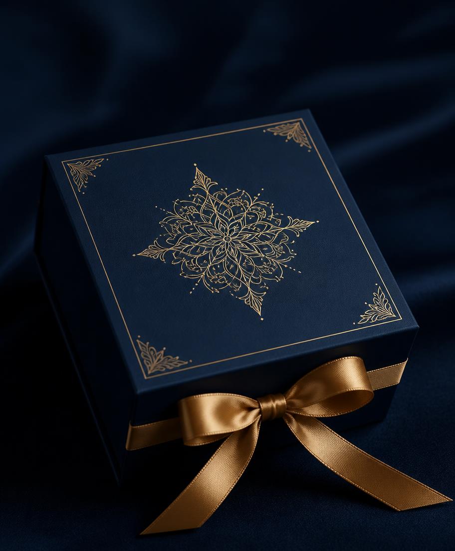 Kemasan gift box navy dengan ornamen foil emas
