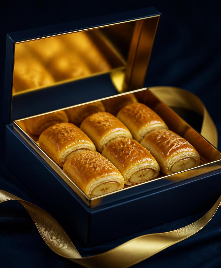 Gift box terbuka berisi bolen pisang dengan interior emas