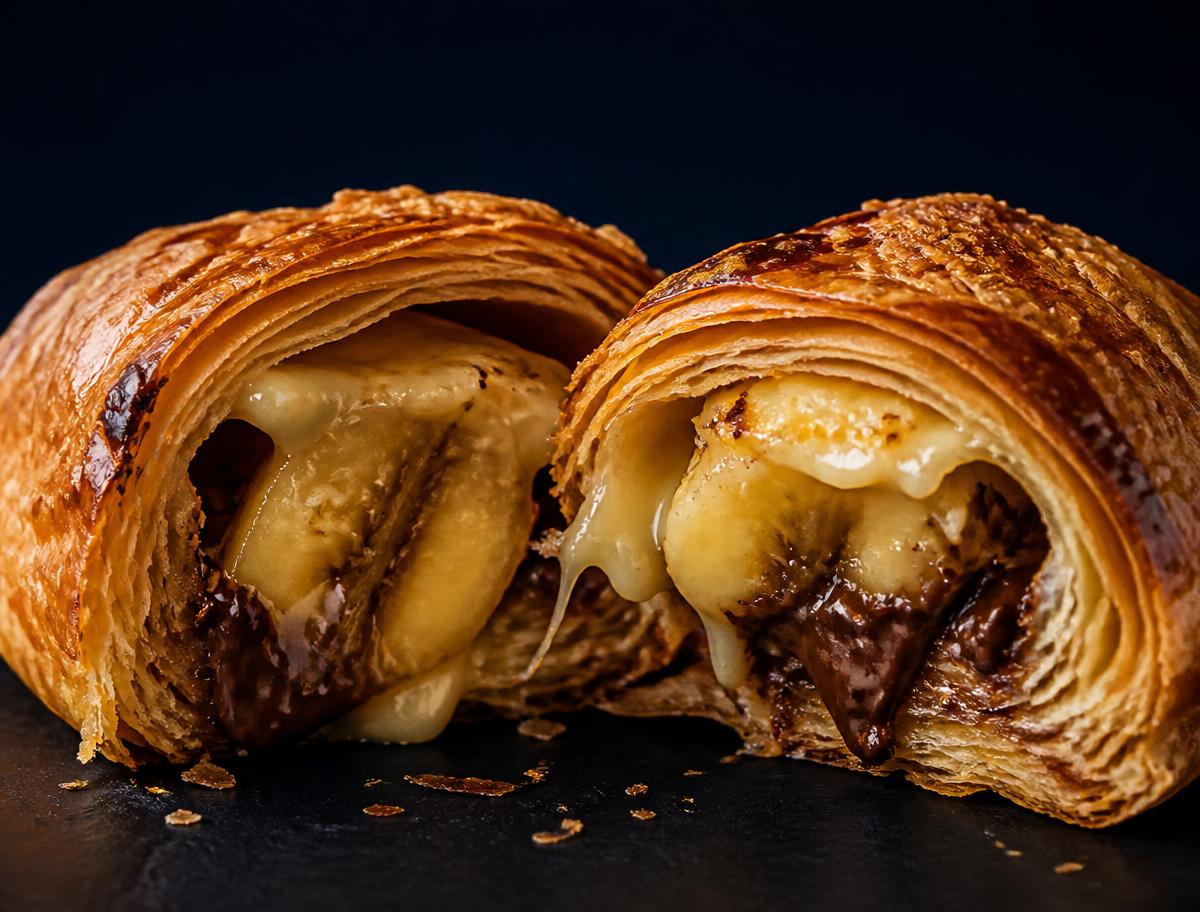 Bolen pisang terbelah memperlihatkan pisang, keju, dan cokelat di dalam pastry berlapis